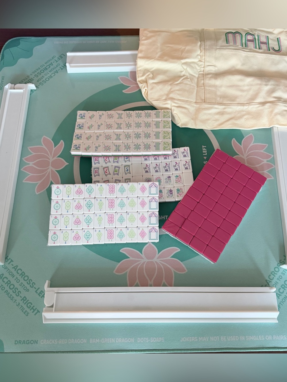 Mahjong Tile set with mat, tiles, racks, and tote